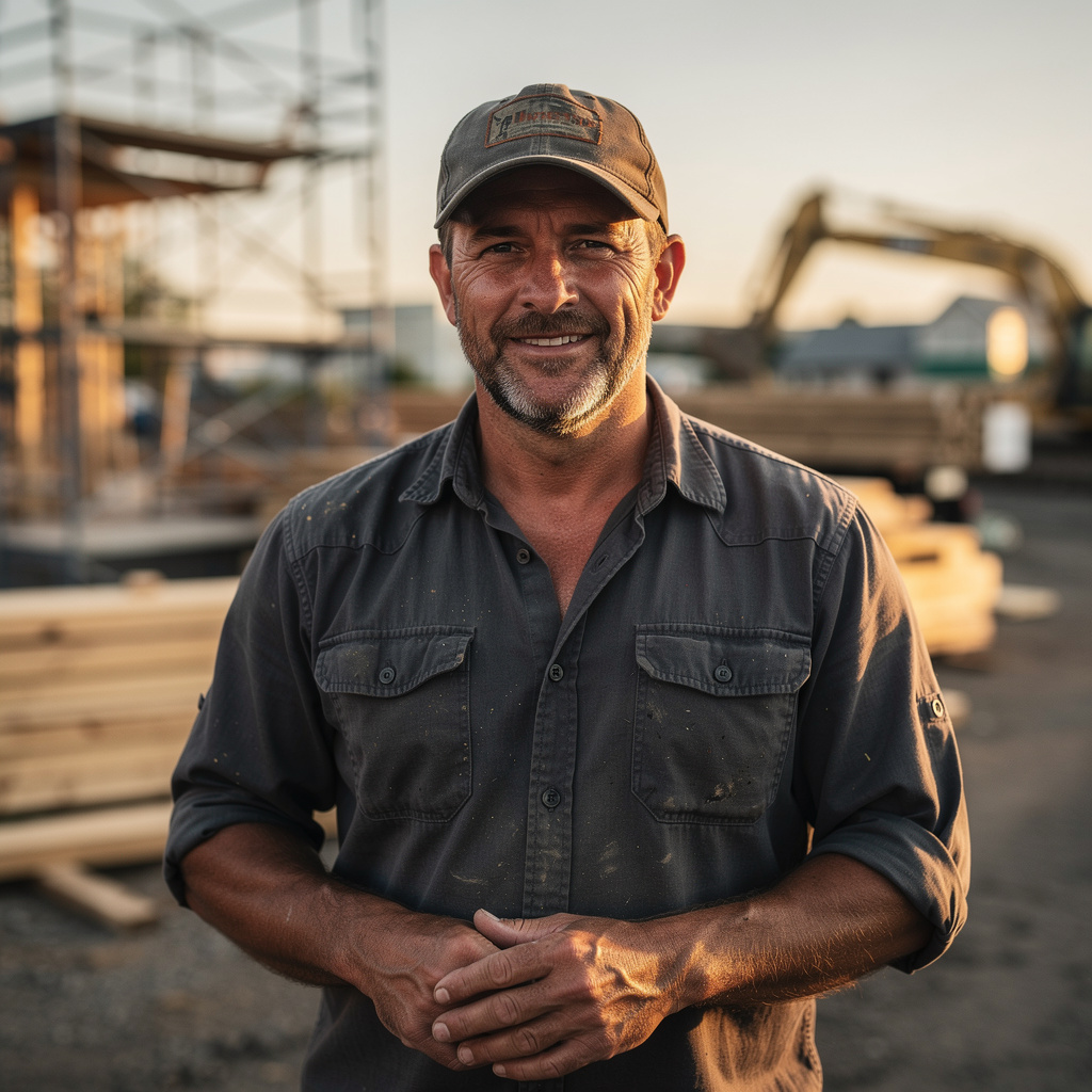 Headshot of Dave R., excavation company owner, on a job site at sunset